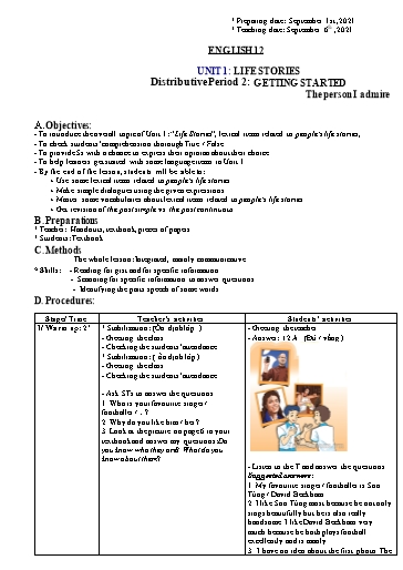 Giáo án Tiếng Anh 12 - Unit 1: Life stories (Period 2-9) - Năm học 2021-2022