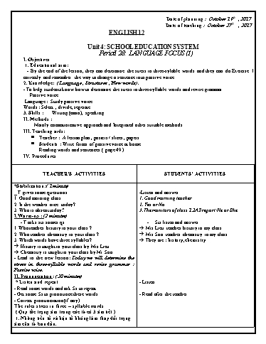 Giáo án Tiếng Anh 12 - Unit 4: School education system (Language focus 1)