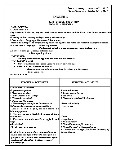 Giáo án Tiếng Anh 12 - Unit 5: Higher education (Reading)