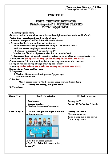 Giáo án Tiếng Anh 12 - Unit 8: The world of work (Getting started) - Năm học 2023-2024
