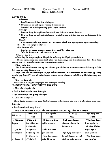 Giáo án Toán 12 - Bài 2: Logarit - Năm học 2020-2021