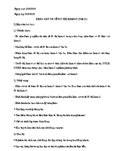 Giáo án Toán 12 - Tiết 12: Khảo sát và vẽ đồ thị hàm số - Năm học 2020-2021