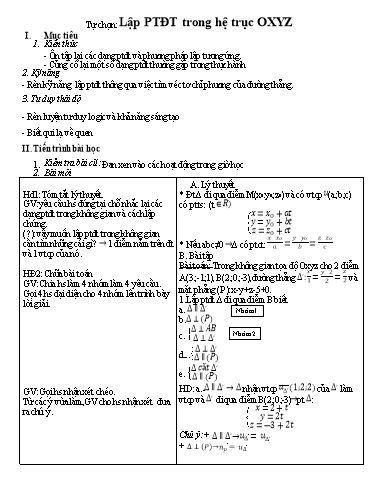 Giáo án Toán 12 (Tự chọn) - Tự chọn: Lập PTĐT trong hệ trục OXYZ
