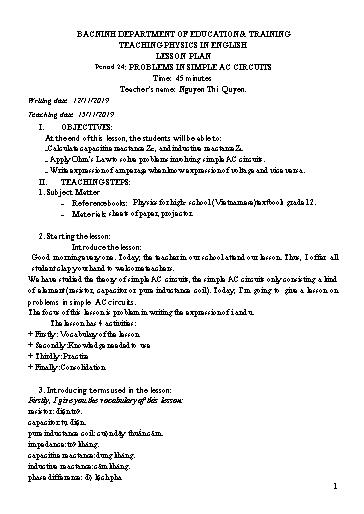 Giáo án Vật lí 12 - Period 24: Problems in simple AC circuits - Nguyễn Thị Quyên