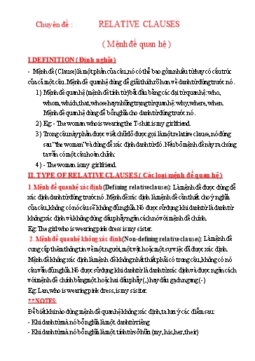 Ôn tập Tiếng Anh 12 - Chuyên đề: Relative clauses (Mệnh đề quan hệ)
