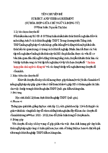 Ôn tập Tiếng Anh 12 - Chuyên đề: Subject and verb agreement (Sự hòa hợp giữa chủ ngữ và động từ) - Nguyễn Thị Mai