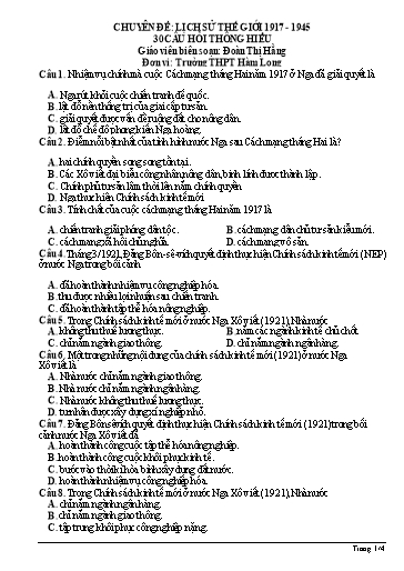 Ôn tập TN THPT 2023 môn Lịch sử - Chuyên đề: 30 câu hỏi thông hiểu lịch sử thế giới 1917-1945 - Trường THPT Hàm Long