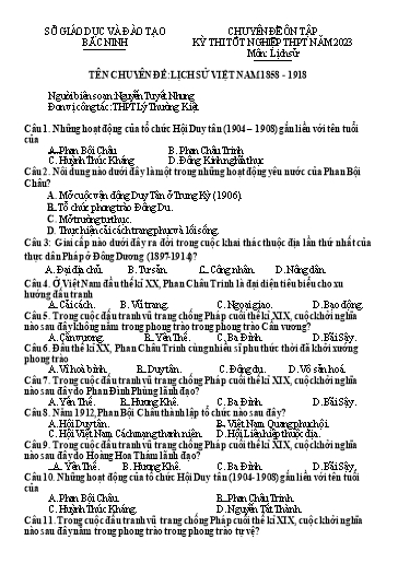 Ôn tập TN THPT 2023 môn Lịch sử - Chuyên đề: Lịch sử Việt Nam 1858-1918 - Trường THPT Lý Thường Kiệt