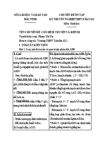 Ôn tập TN THPT 2023 môn Sinh học - Chuyên đề: Cơ chế di truyền và biến dị - Phạm Thị Nụ
