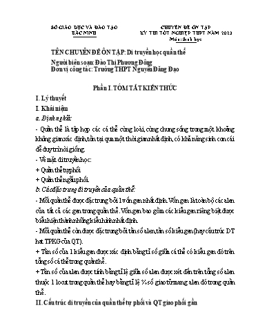 Ôn tập TN THPT 2023 môn Sinh học - Chuyên đề: Di truyền học quần thể - Đào Thị Phương Đông