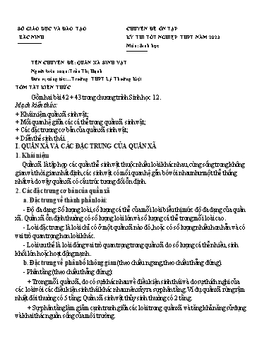 Ôn tập TN THPT 2023 môn Sinh học - Chuyên đề: Quần xã sinh vật - Trần Thị Hạnh