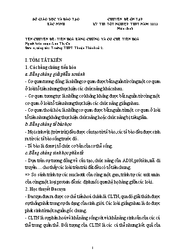 Ôn tập TN THPT 2023 môn Sinh học - Chuyên đề: Tiến hoá bằng chứng và cơ chế tiến hoá - Lưu Thị Cư