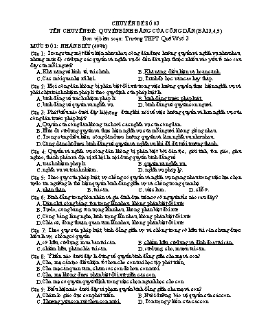 Ôn tập TN THPT môn GDCD - Chuyên đề: Quyền bình đẳng của công dân (Bài 3, 4, 5)