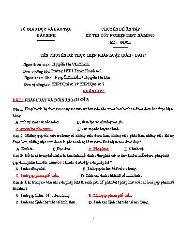 Ôn tập TN THPT môn GDCD - Chuyên đề: Thực hiện pháp luật (bài 1 + bài 2)