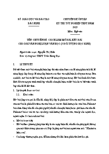 Ôn tập TN THPT môn Ngữ văn - Chuyên đề: Cách làm mở bài, kết bài cho bài văn nghị luận văn học