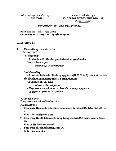 Ôn tập TN THPT môn Tiếng Anh - Chuyên đề: Mạo từ (articles)