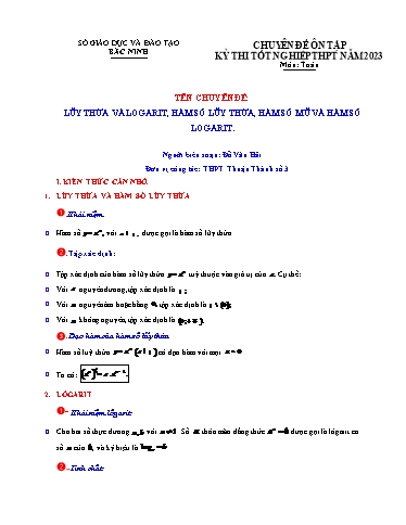 Ôn tập TN THPT môn Toán - Chuyên đề: Lũy thừa và logarit, hàm số lũy thừa, hàm số mũ và hàm số logarit