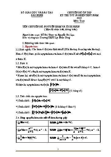 Ôn tập TN THPT môn Toán - Chuyên đề: Nguyên hàm và tích phân (Mức độ nhận biết, thông hiểu)
