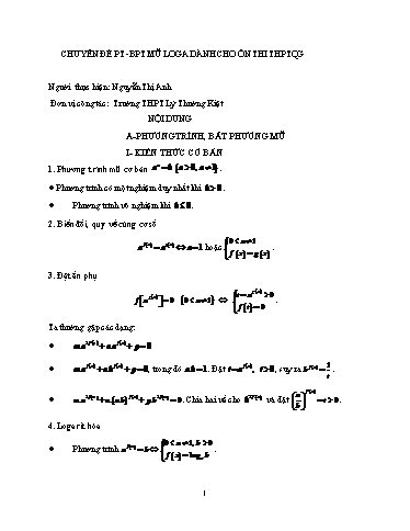 Ôn tập TN THPT môn Toán - Chuyên đề: Phương trình, bất phương mũ logarit