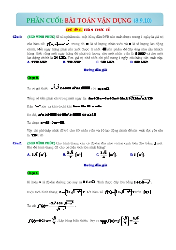 Ôn tập Vận dụng cao Toán 12 - Chủ đề 8: Toán thực tế (Có đáp án)