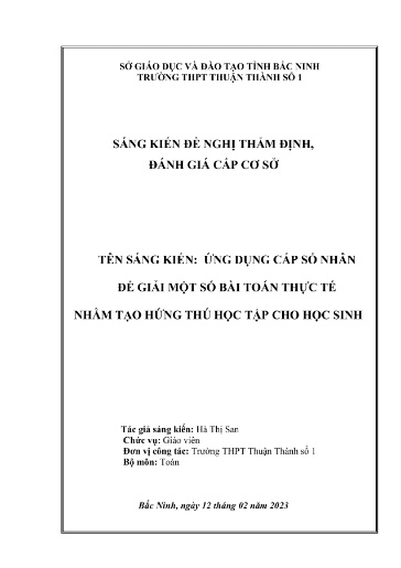 Sáng kiến kinh nghiệm Ứng dụng cấp số nhân giải một số bài toán thực thực tế nhằm tạo hứng thú học tập cho học sinh