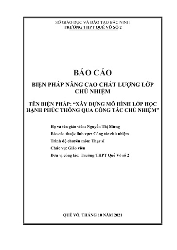 Sáng kiến kinh nghiệm Xây dựng mô hình lớp học hạnh phúc thông qua công tác chủ nhiệm